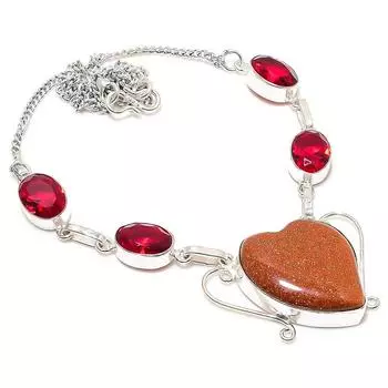 Red Sunstone, Garnet Gemstone 925 Sterling Silver Jewelry Necklace 18 H6E22 красный