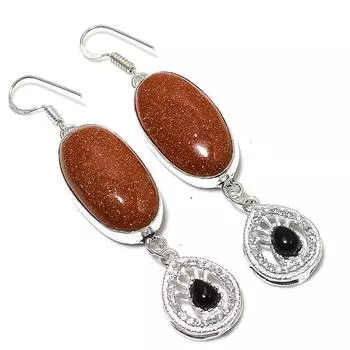 Red Sunstone, Onyx Gemstone Handmade 925 Sterling Silver Earring 3.15 L8r62