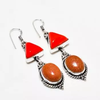 Серьги из красного солнечного камня, красного коралла, посеребренные 925 пробы, 2,38 дюйма