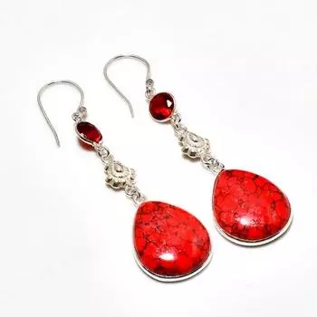 Ювелирные серьги 2,65 дюйма с красной бирюзой и гранатом 925 пробы, посеребренные
