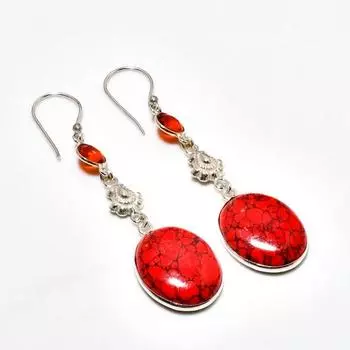 Ювелирные серьги 2,65 дюйма с красной бирюзой и гранатом 925 пробы, посеребренные