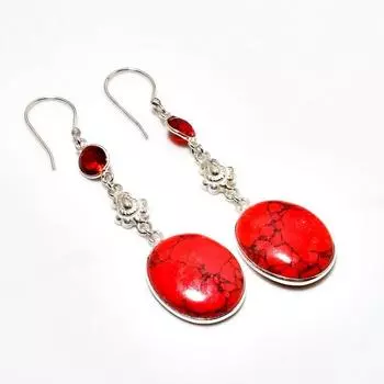 Ювелирные серьги 2,72 дюйма с красной бирюзой и гранатом 925 пробы, посеребренные