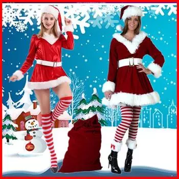 Red V-Neck Long-Sleeve Christmas Costume for Parties and Performances in Europe and America M