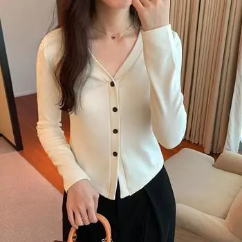 Red V-neck sweater for women in autumn and winter new style slim fit inner short sweater cardigan top S