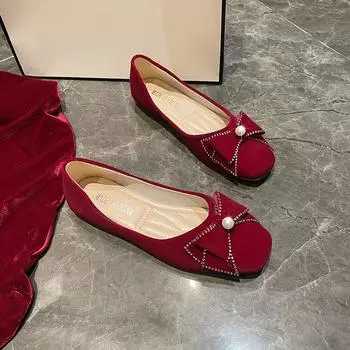 Красные свадебные туфли, туфли на плоской подошве, квадратная замшевая головка, неглубокий носок, одна педаль, повседневные одинарные туфли, удобные туфли Doudou со стразами, две пары туфель 35