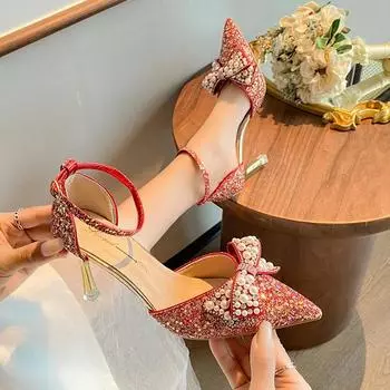 Red wedding shoes women s show He wedding dress bow high heels 2025 summer new thin heel French bridesmaid crystal shoes 34