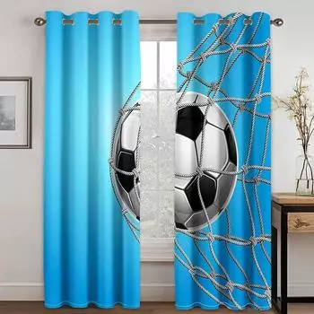 Red White Blue Flag Soccer Curtains Balls Football Design 3D Window Curtains for Living Room Window Treatment Drapes cortinas (W50H130cm)-2pcs&Hook
