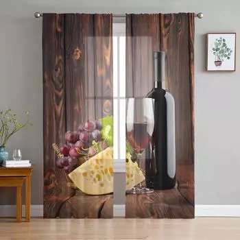 Red Wine Cheese Wood Board Wine Glass Sheer Curtains for Living Room Decoration Window Curtains Kitchen Tulle Voile Curtains W135 x H115cm x1