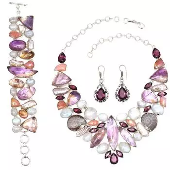 Редкий аметрин кабошон аммонит окаменелый драгоценный камень комплект ожерелья 16-18