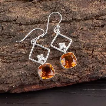Редкий Цитрин Драгоценный Камень 925 Стерлинговое Серебро Ювелирные Изделия Ручной Работы Подвесные Серьги 1,70 EE-10-1