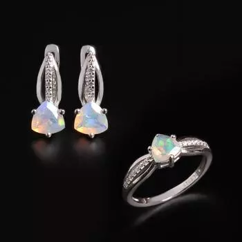 Редкий камень октября, натуральный опал, кольцо, серьги, комплект украшений из серебра 925 пробы для женщин и девочек, подарок на день рождения и банкет US RING SIZE:6# белый