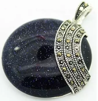 РЕДКИЙ ОГРОМНЫЙ КРУГЛЫЙ КУЛОН ИЗ СТЕРЛИНГОВОГО СЕРЕБРА 925 ПРОБЫ, НАТУРАЛЬНЫЙ СИНИЙ САНДЖАД, 35X35 мм.