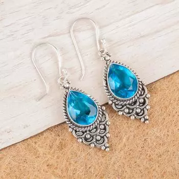 Редкий швейцарский голубой топаз драгоценный камень 925 стерлинговое серебро ювелирные изделия ручной работы серьги 1,9 EE-85-8