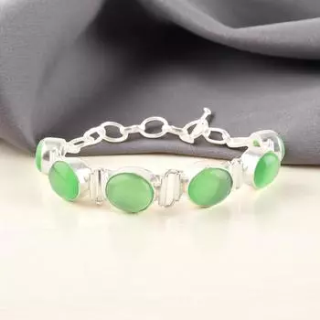 Редкий зеленый камень кошачий глаз Ювелирные изделия из стерлингового серебра 925 пробы Ручной работы Браслет 8 RB-4-23