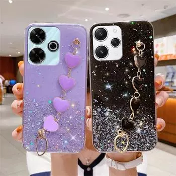 Redmi13 Love Heart Wrist Chain Glitter Case On For Xiaomi Redmi 13 12 4g 5g 12c 13c 10c 9c A3 A1 A2 Plus Bracelet Silicone Cover Redmi 13 4g