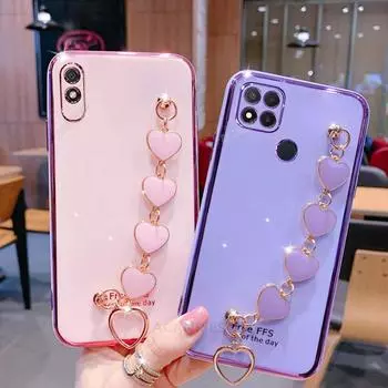 Redmi9c Роскошный чехол с цепочкой на запястье Love Heart для Xiaomi Redmi 9c Nfc 9a 9 9at 9t 10a 10c 10, силиконовый чехол для браслета, новый redmi note10 pro max фиолетовый