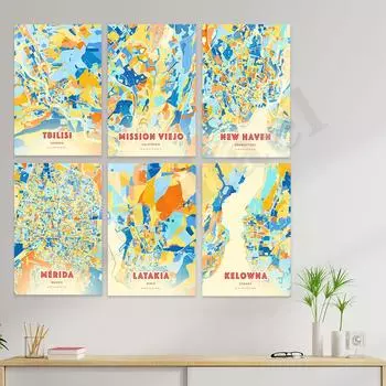 Реджо Эмилия Келоуна Латаки Мерида Нью-Хейвен Тбилиси Саанич Ньютон Мейкон. Плакат с цветной картой города 21cm30cm NoFrame