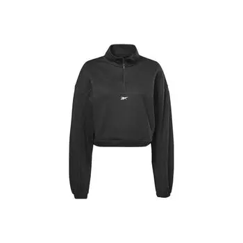 Reebok Короткая спортивная толстовка с короткими рукавами и воротником-стойкой на половину молнии, женская толстовка черного цвета HT4926 S