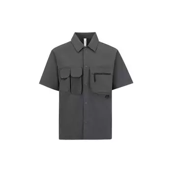 Reebok Solid Color Outdoor Sports Sun Protection Multi-Pocket Vintage Short Sleeve Shirt Men shirts Charcoal-Black 23RCS801MGH1 M