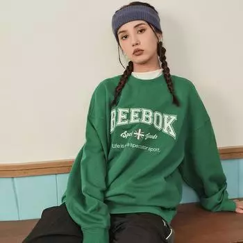 Reebok Трикотажный свободный свитер с круглым вырезом и буквенным принтом, толстовка в американском стиле, унисекс, темно-зеленый 23FRC353UGL1 M