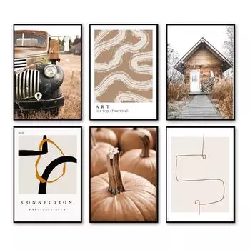 Reed Plants Beach Boho Abstract Lines Pumpkin Posters and Prints Beige Wall Art Canvas Painting for Living Room Home Decoration 21X30cm No Frame