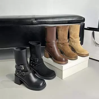 Reemoor thick heel short boots women s British style Martin boots 2025 new thick-soled retro western cowboy boots Ruimu 34