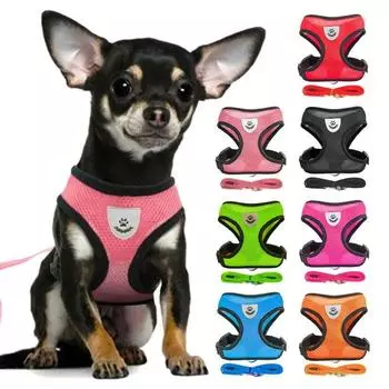 Reflective Dog Harness with Leash Breathable Mesh Pet Harnesses Vest for Small Medium Dog Cat Puppy Chest Strap Pet Accessories S чёрный
