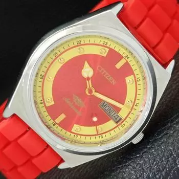 REFURBISHED CITIZEN AUTOMATIC 8200 JAPAN MENS RED COLOR DIAL WATCH A432375-2 R111-a432375