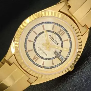 REFURBISHED CITIZEN AUTOMATIC JAPAN MENS DAY&DATE GOLDEN DIAL WATCH a432630-2 R112-a432630