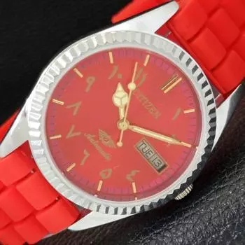 REFURBISHED JAPAN CITIZEN AUTOMATIC 8200 MENS DAY&DATE RED DIAL WATCH a432225-2 R110-a432225