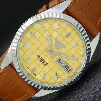 REFURBISHED SEIKO 5 AUTOMATIC MENS WATCH JAPAN MADE YELLOW DIAL CUSTOM a440027-2 QV90-a440027