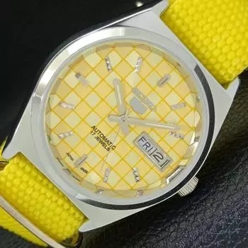 REFURBISHED SEIKO 5 AUTOMATIC MENS WATCH JAPAN MADE YELLOW DIAL CUSTOM a440066-2 QV90-a440066