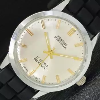 REFURBISHED SWISS MONTINE 17 JEWELS WINDING MENS SILVER DIAL WATCH a432118-2 R110-a432118