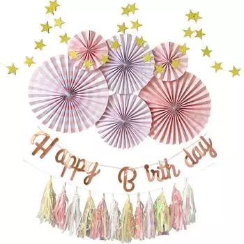 regalo Украшения на день рождения для девочек Набор гирлянд для украшения С ДНЕМ РОЖДЕНИЯ Украшение бумажного веера Празднование Годовщина (Молочно-розовый)