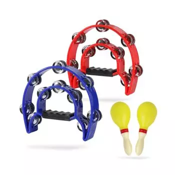 Regispro b Tambourine Set of 2, Semicircular Percussion Instrument for Karaoke, 23cm x 20cm, with Maracas, Blue & Red