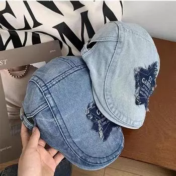 Регулируемая фуражка с козырьком, берет с нашивкой в виде звезды и буквы, джинсовая шляпа в стиле ретро, женская, сезонная, тонкая, большая окружность головы M56-58cm синий