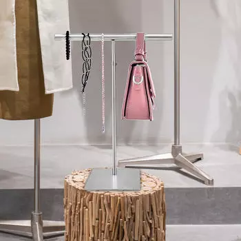 Регулируемая металлическая стойка для сумок, отдельно стоящий держатель, двойной крючок, портативный для столешницы silvery round tube