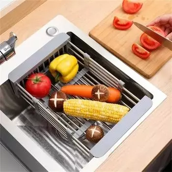 Регулируемая полка для кухонной мойки из нержавеющей стали, телескопическая подставка для посуды, органайзер для фруктов, овощей, сушка для мытья, корзина с инструментами серый