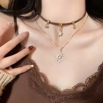 Регулируемое двойное ожерелье «Солнечная звезда» из кожи, модная цепочка на ключицу, сладкая, прохладная, пряная Monolayer