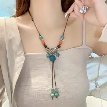 Регулируемое керамическое ожерелье в стиле бохо-шик — винтажный этнический стиль, ручная работа, вдохновленная китайским стилем, для женщин, идеально подходит для повседневного и праздничного образа синий