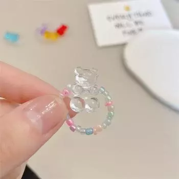 Регулируемое прозрачное кольцо с медведем, эластичные кольца для суставов, цветные кольца для пар с медведем розовый