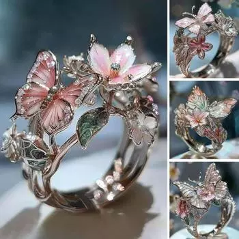 Регулируемое женское кольцо с бабочками, цветочным дизайном, блестящими стразами, искусственным жемчугом, кольцо на палец, ювелирное изделие, подарок E