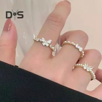 Регулируемое женское открытое кольцо с искусственным жемчугом, украшением из сплава, бантом, кубическим цирконием, мягкое стильное кольцо с гальваническим покрытием, легкое украшение на палец для вечеринки, повседневной носки D