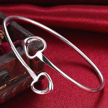 Регулируемые браслеты-манжеты из серебра 925 пробы с двойным сердцем, браслеты для женщин, ювелирные изделия, подарки