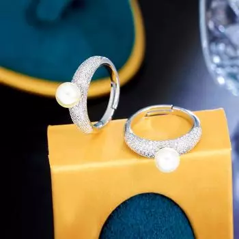 Регулируемые кольца CMM с микро-паве кубическим цирконием серебряного цвета, свадебные круглые кольца с искусственным жемчугом, женские ювелирные аксессуары серебряный