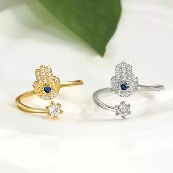 Регулируемые кольца для рук с хамсой, турецкое кольцо от сглаза с фианитами для женщин, амулет на удачу, подарок на день рождения, ювелирные изделия adjustable opening