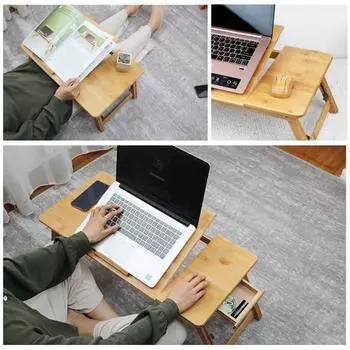 Регулируемый бамбуковый стол для ноутбука с вентилятором, охлаждающий эффект, наклонный верхний ящик, складной столик-кровать, портативный поднос для завтрака L