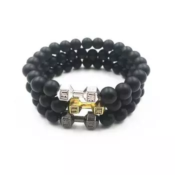 Регулируемый браслет из бисера для фитнеса, мужские браслеты в стиле панк, матовый камень, модный браслет с гантелями, тренажерный зал, унисекс, ручной работы Matte Gold