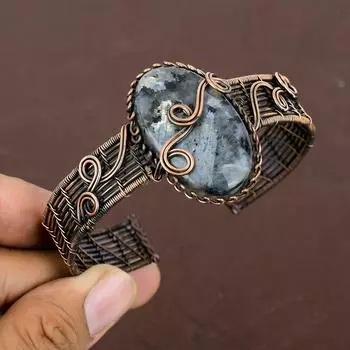 Регулируемый браслет из натуральной черной океанской яшмы ручной работы из медной проволоки j8J33