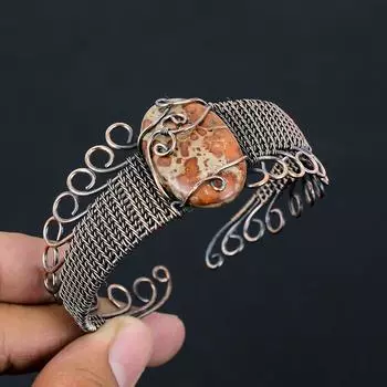 Регулируемый браслет из натуральной леопардовой кожи с яшмой ручной работы из медной проволоки i6L49